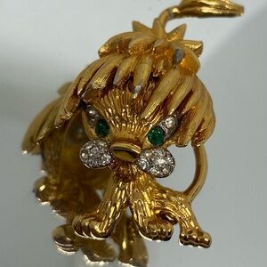 Gold Lion Brooch with Green and Silver Accents